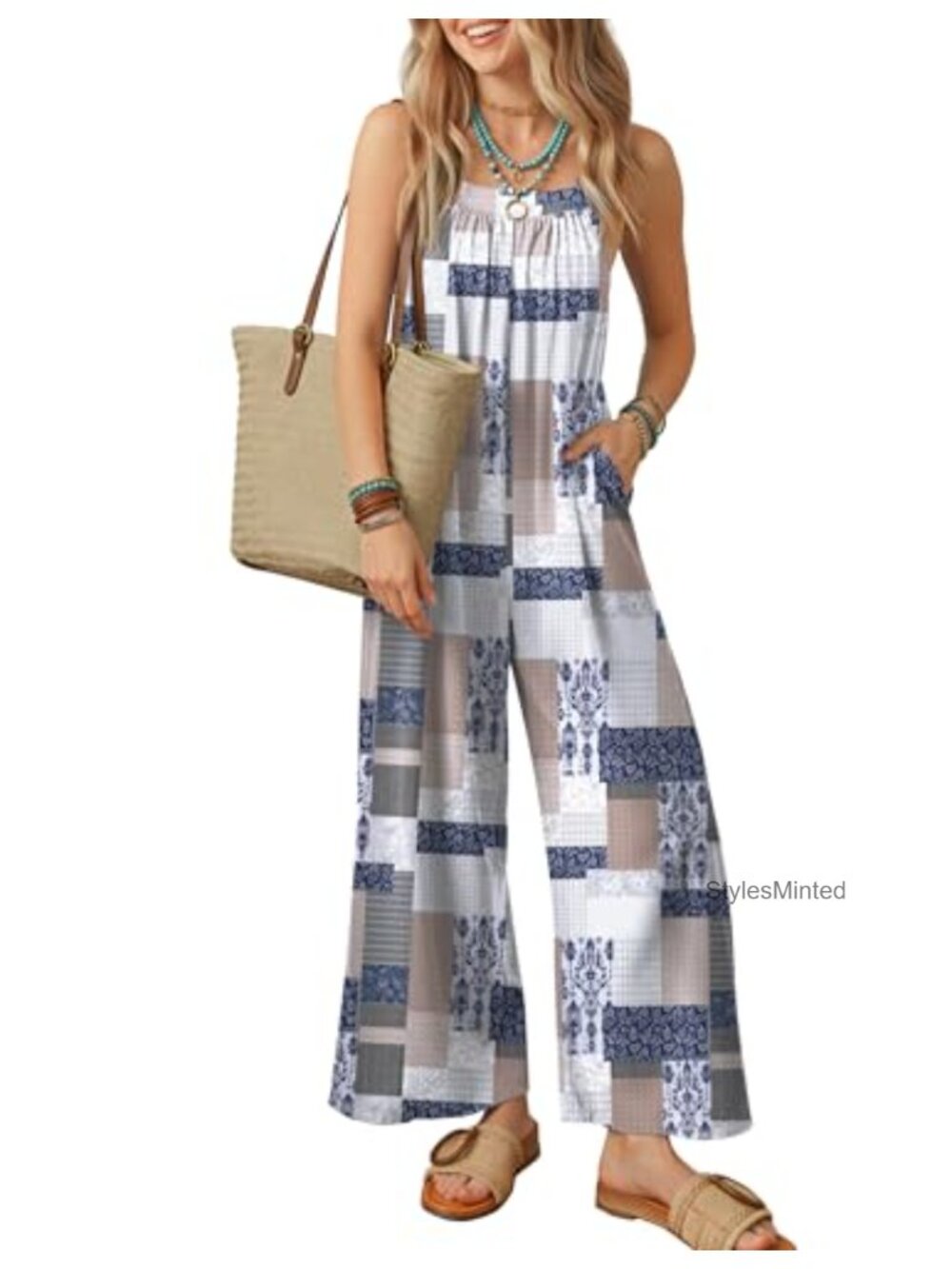 Ekouaer Women's Wide Leg Jumpsuit Adjustable Straps Pockets Sleeveless One Piece